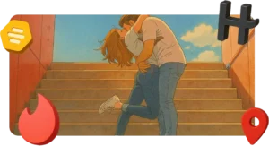 Foksify hero image, couple hugging, dating app icons floating